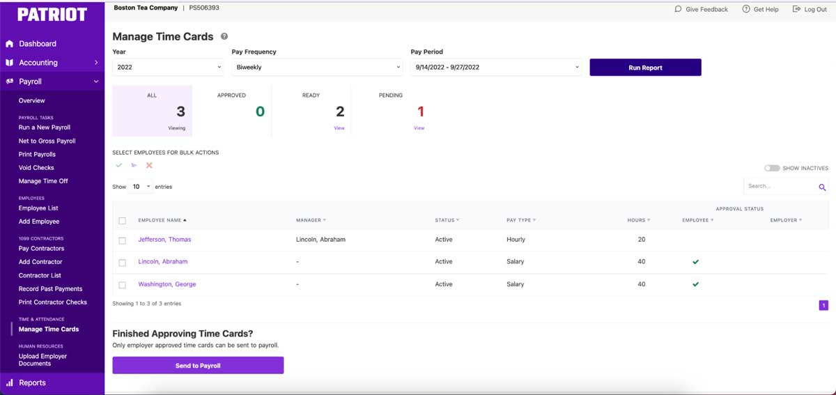 patriot manage time cards screenshot