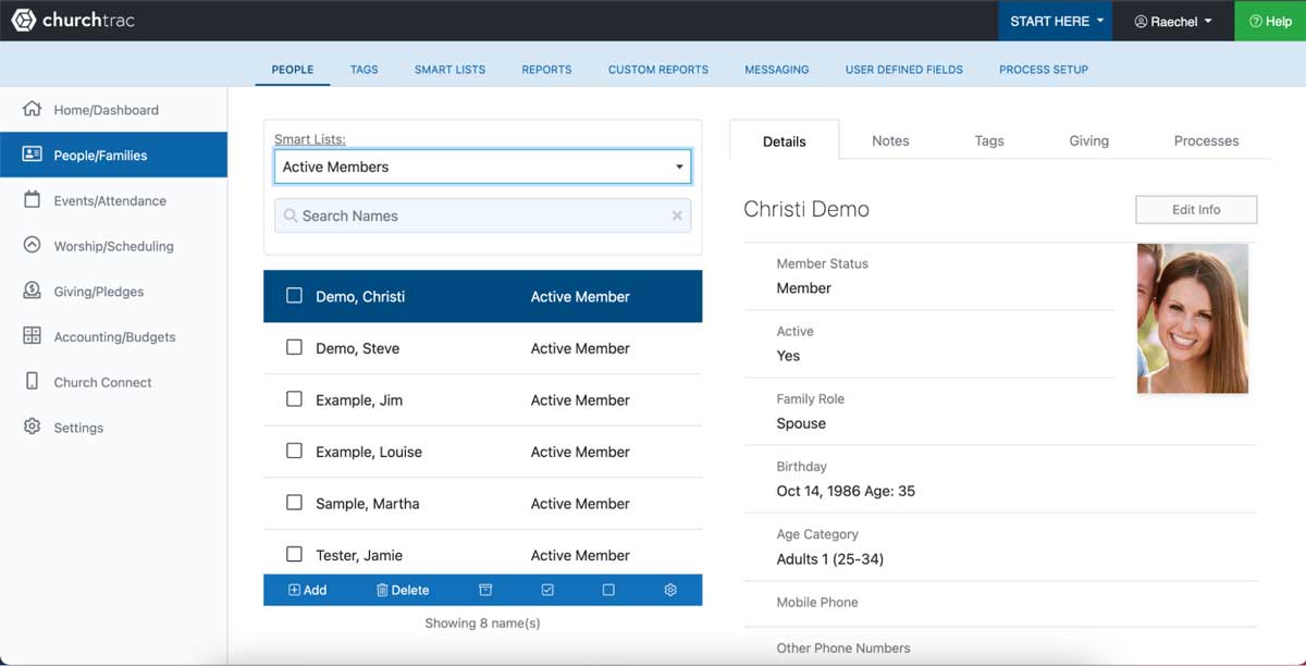 churchtrac member management dashboard screenshot