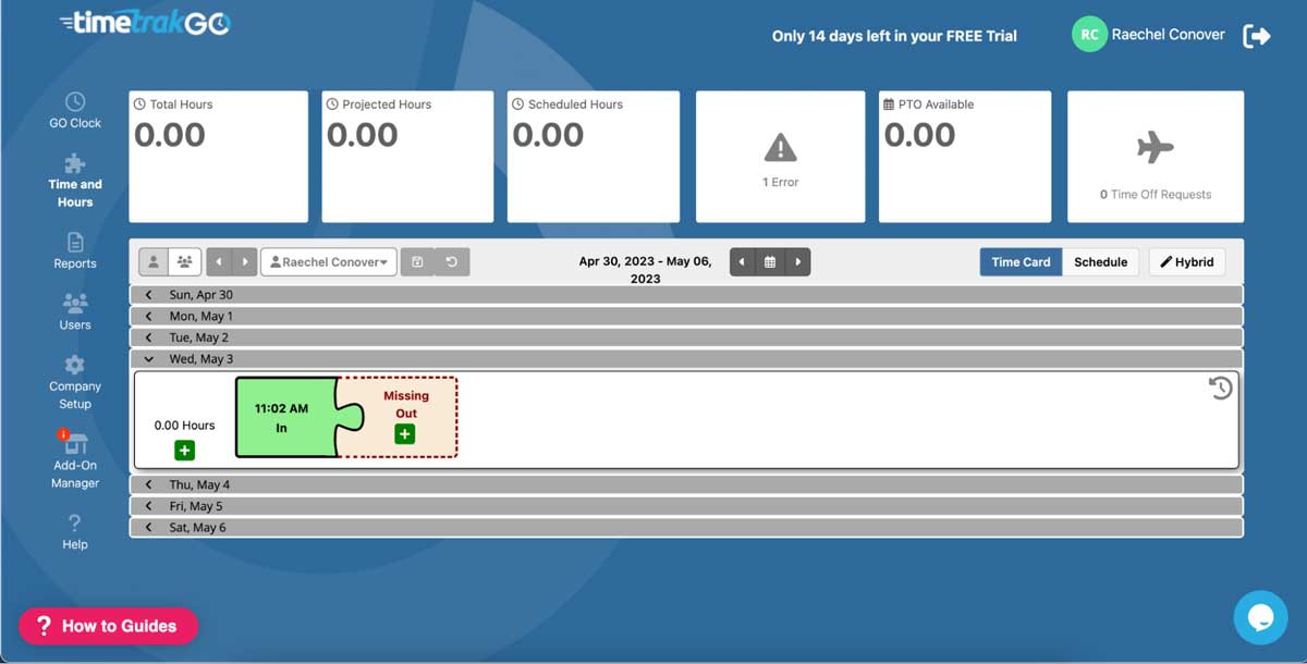 timetrakgo Time and Hours tab screenshot