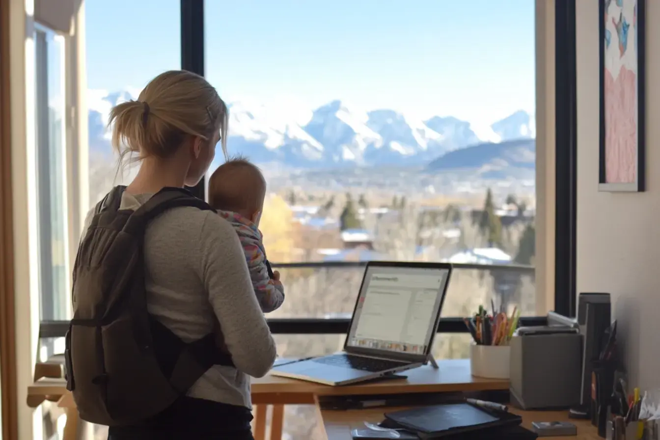a mother working from home with her baby looking at the Colorado mountains (AI)