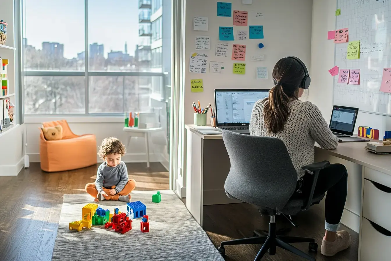 A mother working from her Connecticut apartment with a child nearby (AI)
