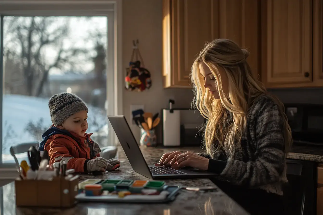 a blonde women working from home with her baby nearby in Minnesota (AI)