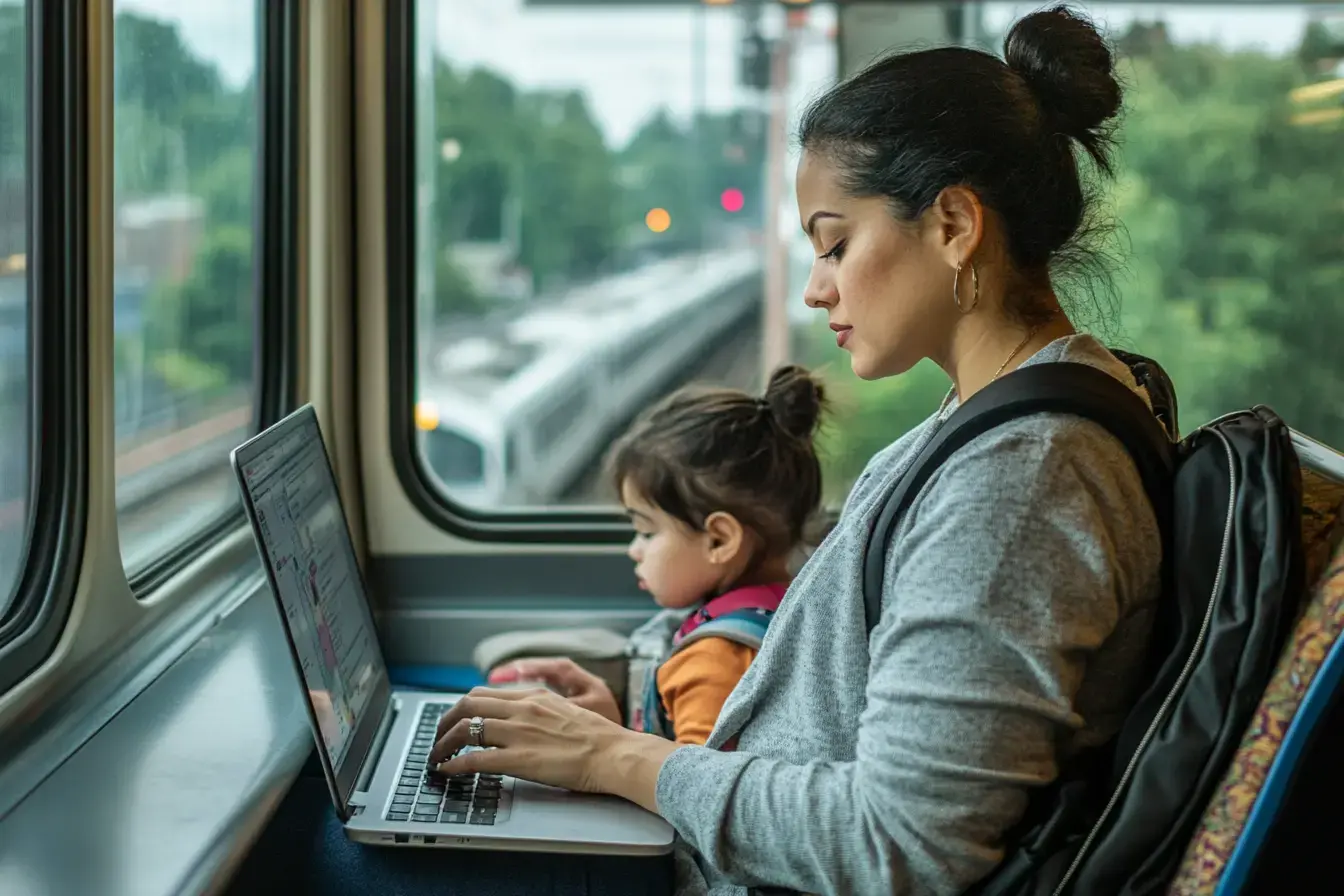 a New Jersey mom working with her child next her on a train (AI)