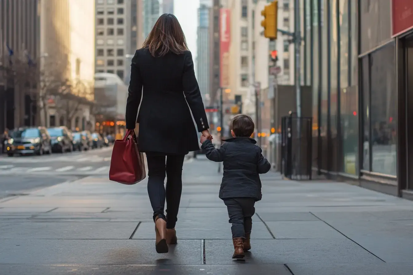 a mother with her child on her way to work in New York (AI)