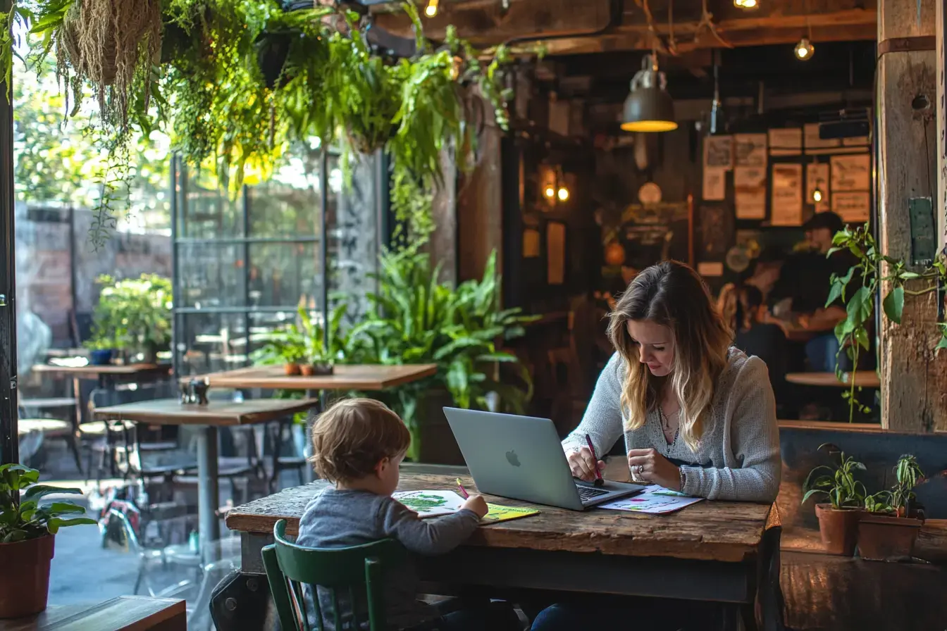 a mother with her child working in a coffee shop with lots of green plants in Oregon (AI)