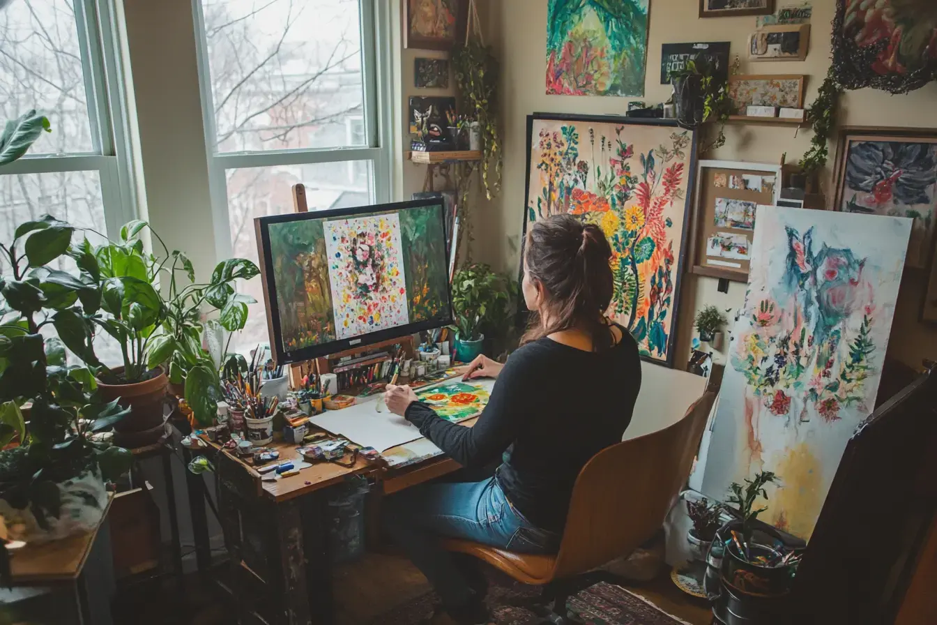 a mother working from home, surrounded by her art, in Rhode Island (AI)