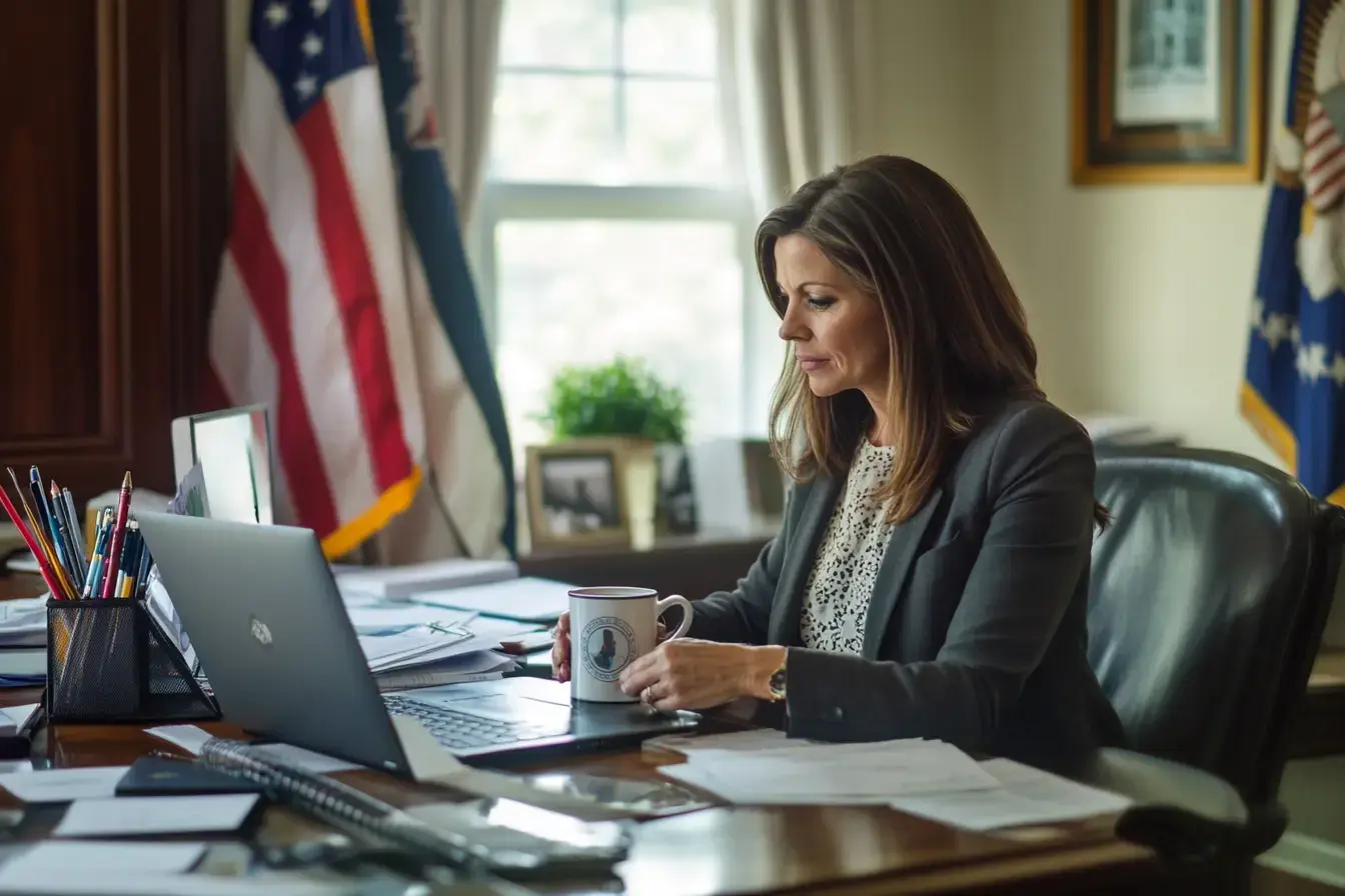 a mother with strong senator vibes working in her office in Virginia (AI)