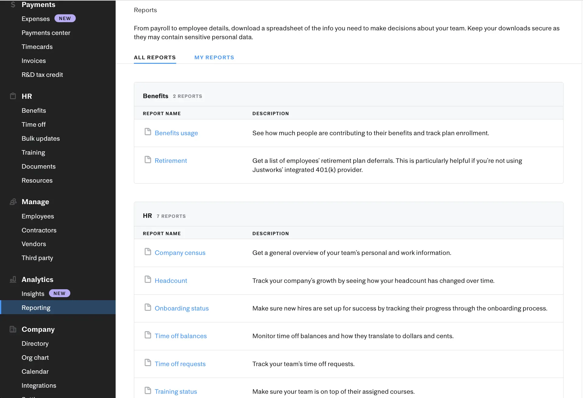 justworks reporting screenshot