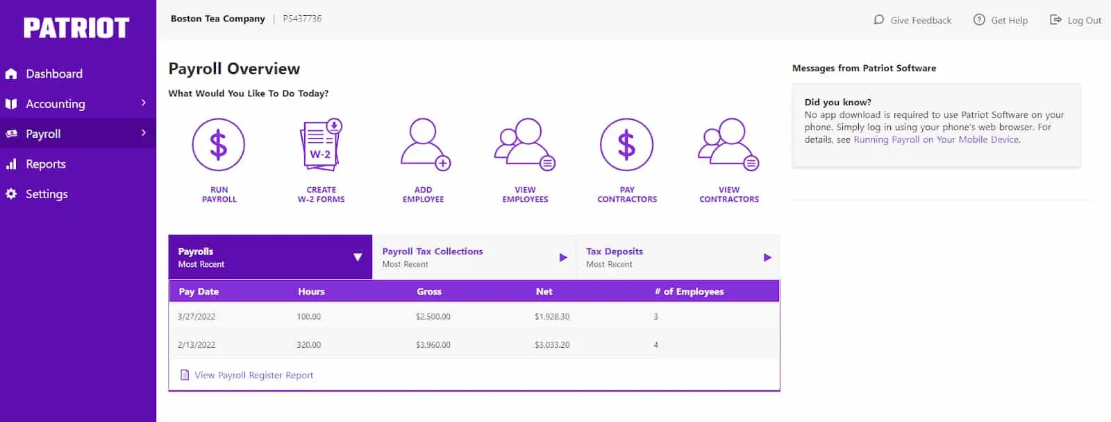 patriot payroll screenshot