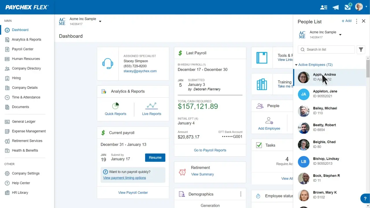 paychex dashboard screenshot