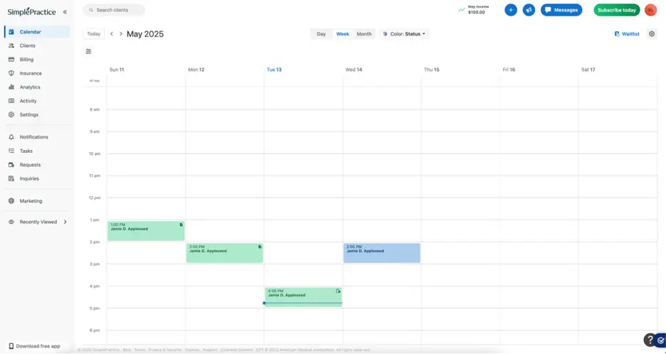 simplepractice calendar screenshot