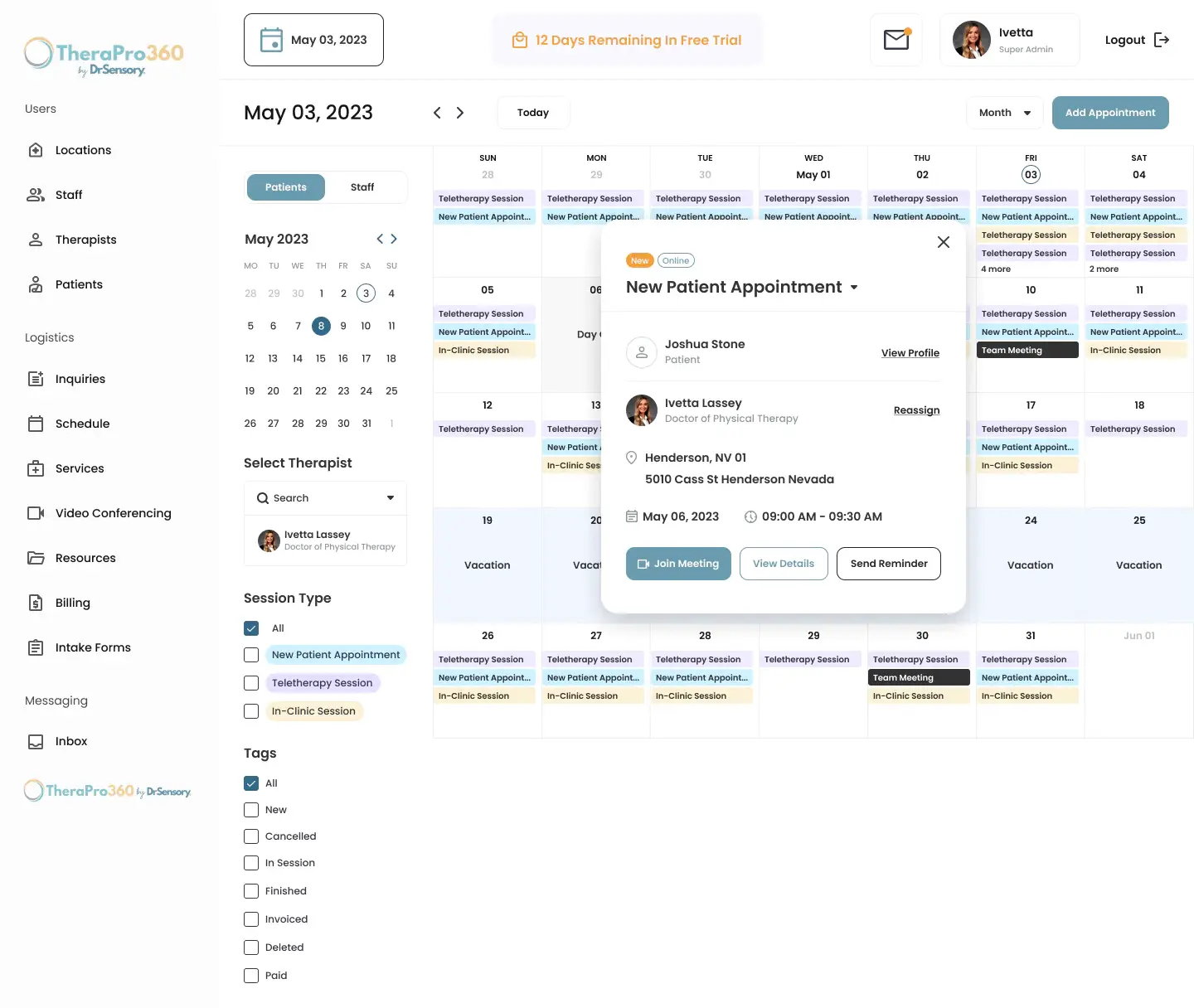 therapro360 calendar screenshot