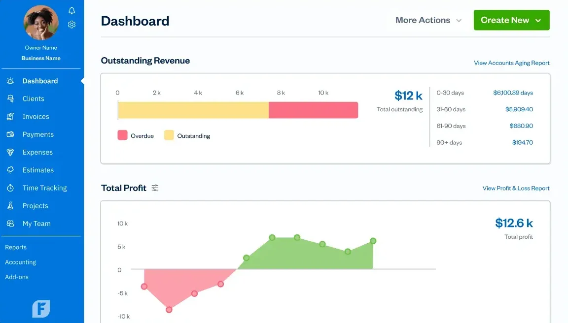 freshbooks dashboard screenshot