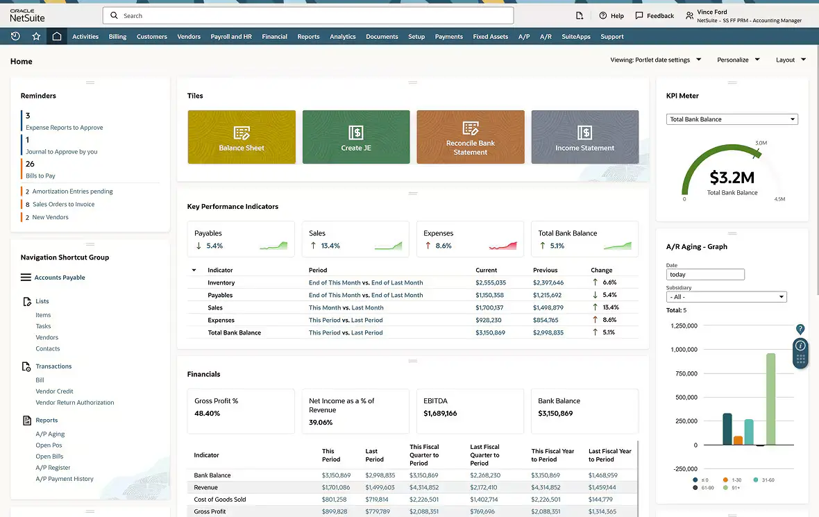 oracle netsuite dashboard screenshot