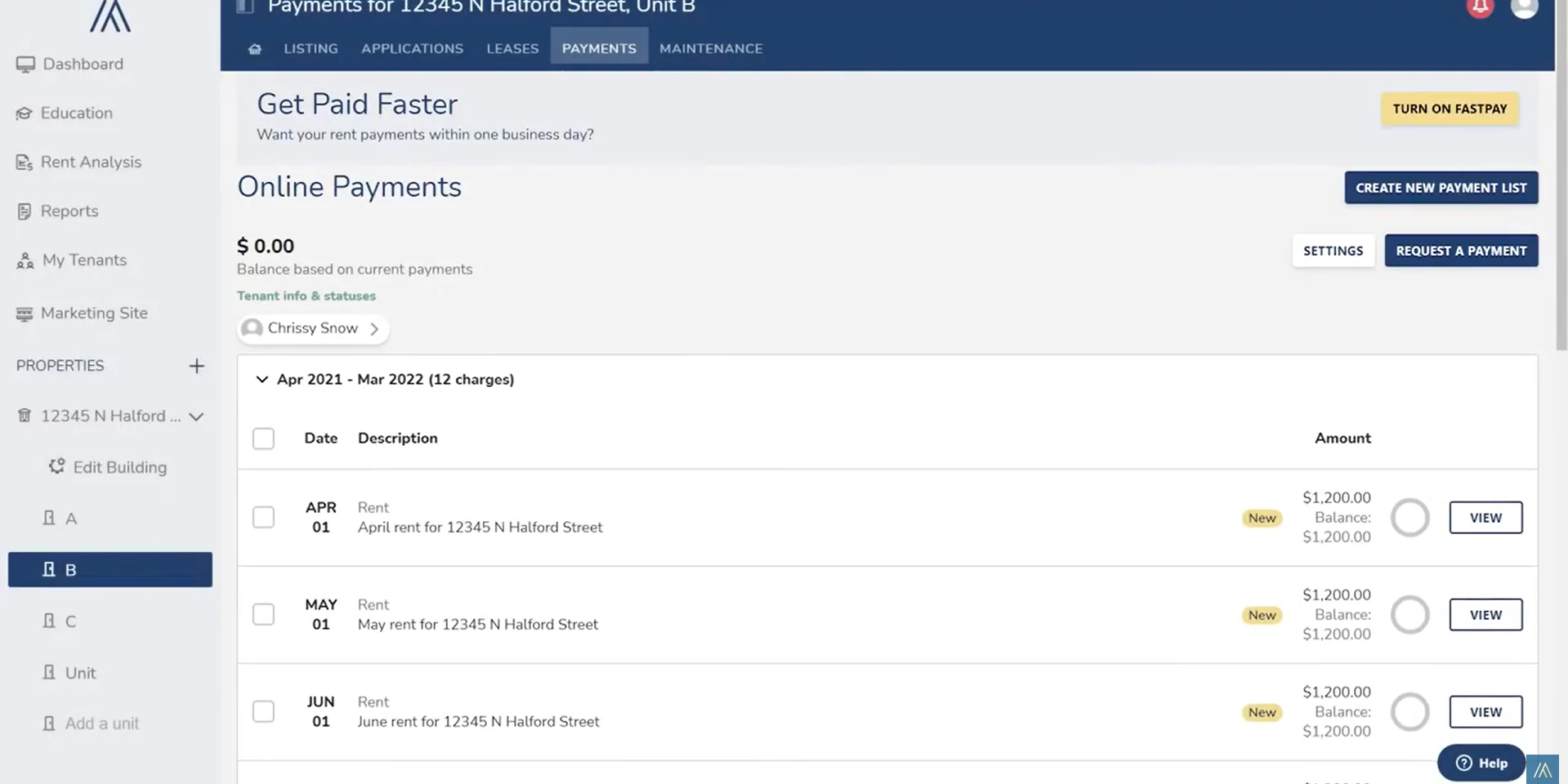 avail unit rent history screenshot