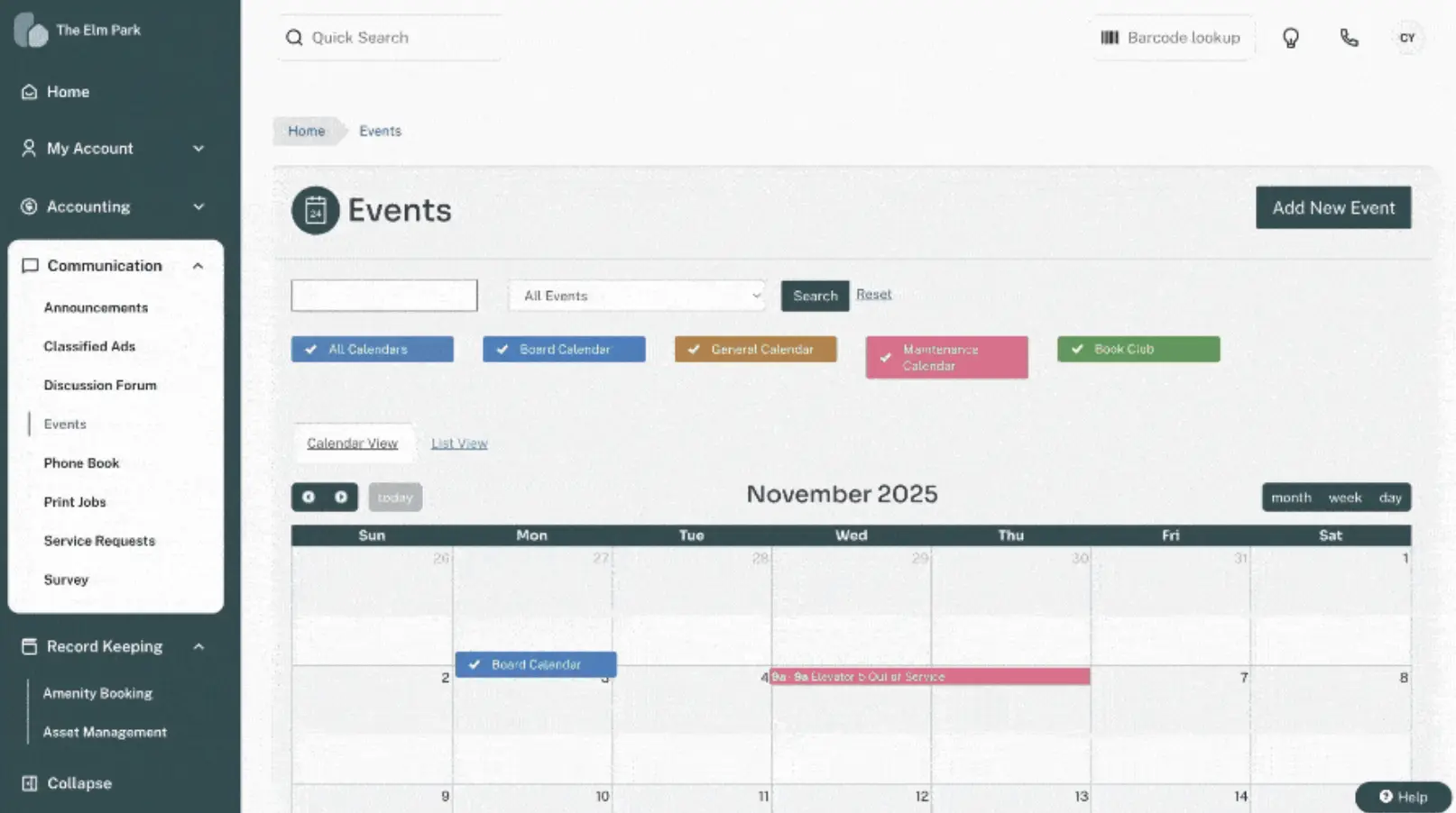 condo control event calendar