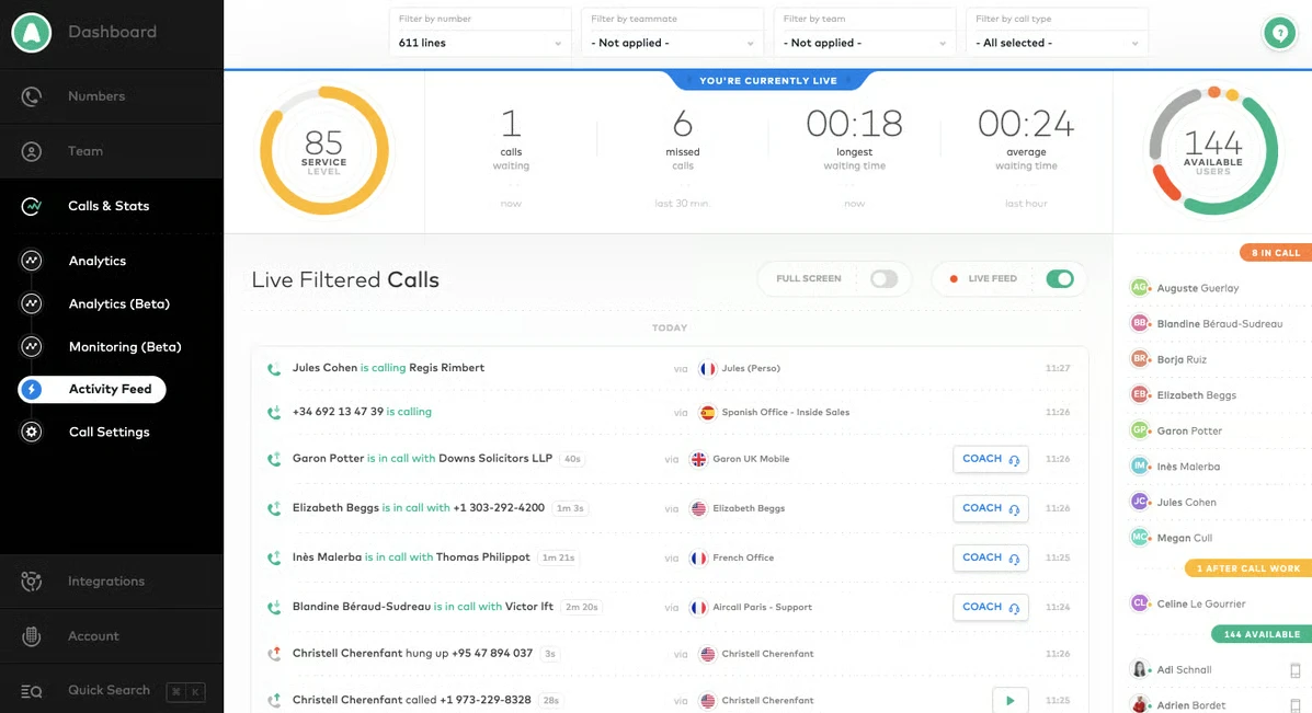 aircall activity feed on dashboard