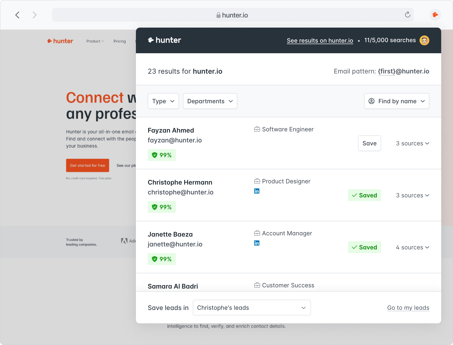 hunter.io search results