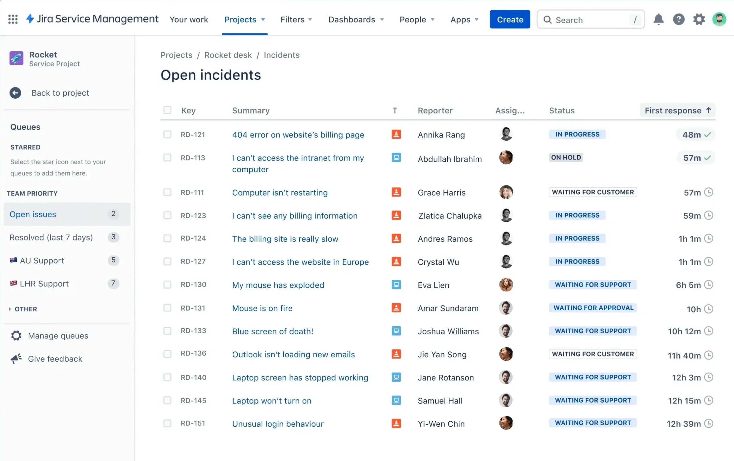 jira open incidents page